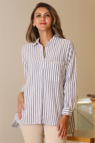 ARKASI UZUN ÇİZGİLİ LACİ KADIN GÖMLEK  4245-2Y5