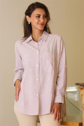 UZUN KOLLU ÇİZGİLİ BORDO KADIN GÖMLEK  4395-2Y5