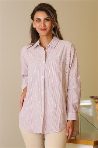 UZUN KOLLU ÇİZGİLİ BORDO KADIN GÖMLEK  4395-2Y5
