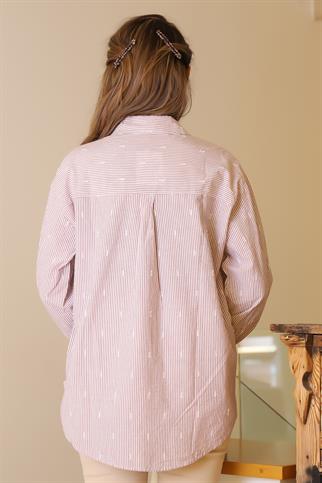 UZUN KOLLU ÇİZGİLİ BORDO KADIN GÖMLEK  4395-2Y5