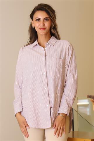 UZUN KOLLU ÇİZGİLİ BORDO KADIN GÖMLEK  4395-2Y5