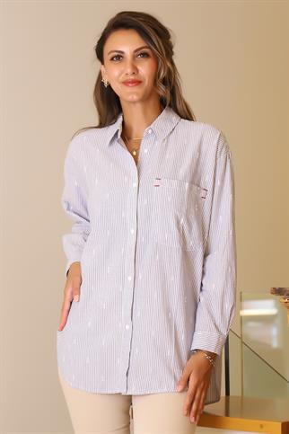 UZUN KOLLU ÇİZGİLİ LACİ  KADIN GÖMLEK 4395-2Y5
