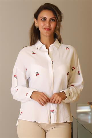 KİRAZ DESENLİ UZUN KOLLU BEYAZ KADIN GÖMLEK  4445-2Y4