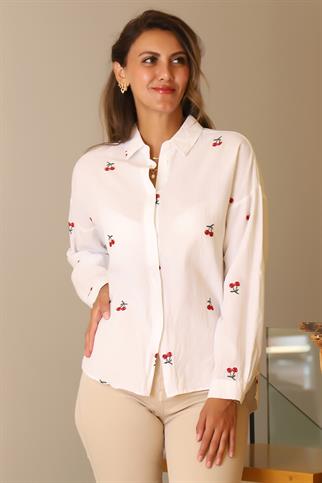 KİRAZ DESENLİ UZUN KOLLU BEYAZ KADIN GÖMLEK  4445-2Y4