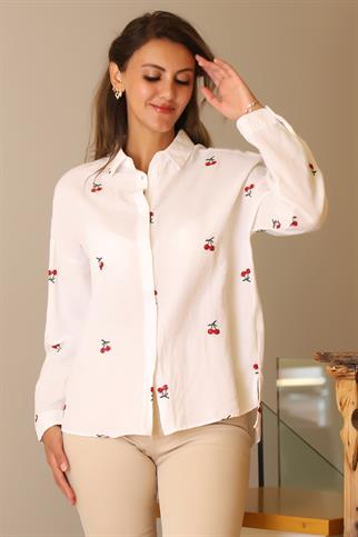 KİRAZ DESENLİ UZUN KOLLU BEYAZ KADIN GÖMLEK  4445-2Y4