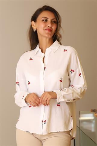 KİRAZ DESENLİ UZUN KOLLU BEYAZ KADIN GÖMLEK  4445-2Y4