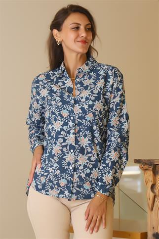 ÇİÇEK DESENLİ  UZUN KOLLU LACİ KADIN GÖMLEK  4119-2Y5