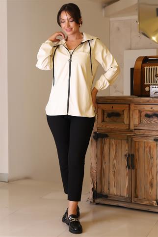 KOLLARI LASTİKLİ UZUN KOLLU  KREM KADIN CEKET   165-2K5