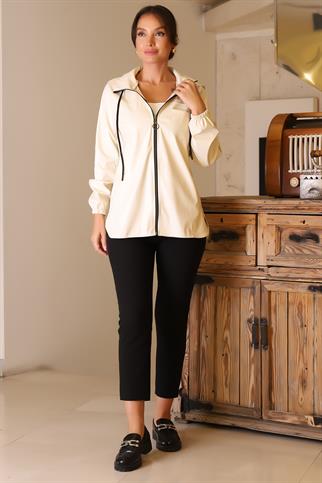 KOLLARI LASTİKLİ UZUN KOLLU  KREM KADIN CEKET   165-2K5