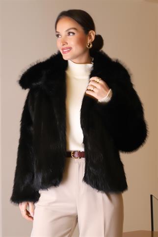 UZUN KOLLU SİYAH PELUŞ KADIN CEKET  189-2K5
