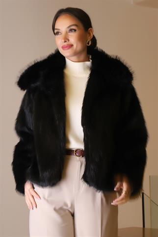 UZUN KOLLU SİYAH PELUŞ KADIN CEKET  189-2K5