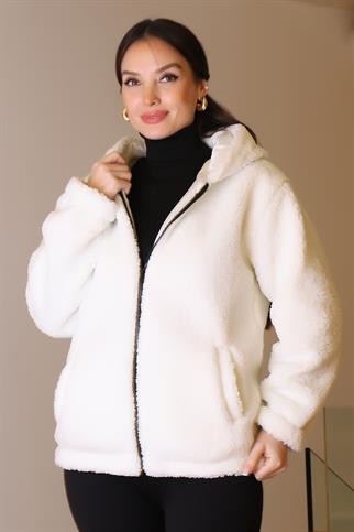 CEPLİ KAPÜŞONLU BEYAZ KADIN PELUŞ CEKET 196-2K5