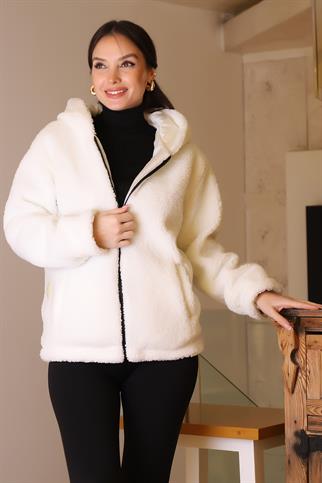 CEPLİ KAPÜŞONLU BEYAZ KADIN PELUŞ CEKET 196-2K5