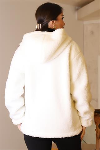 CEPLİ KAPÜŞONLU BEYAZ KADIN PELUŞ CEKET 196-2K5