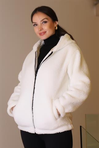 CEPLİ KAPÜŞONLU BEYAZ KADIN PELUŞ CEKET 196-2K5