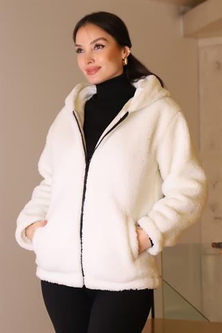 CEPLİ KAPÜŞONLU BEYAZ KADIN PELUŞ CEKET 196-2K5