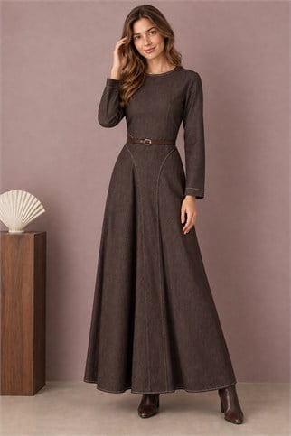 12719-2K7 PUANE ELBİSE-KAHVE