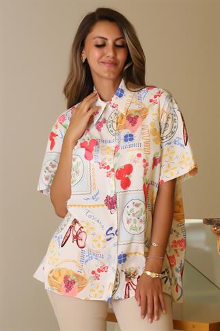 KISA KOLLU DESENLİ BEJ KADIN GÖMLEK  00334-2Y5