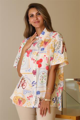 KISA KOLLU DESENLİ BEJ KADIN GÖMLEK  00334-2Y5