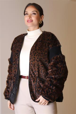 CEPLİ DERİ DETAYLI KAHVE LEOPAR KADIN CEKET 10382-2K5
