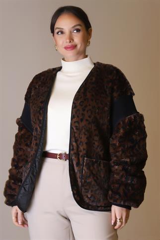 CEPLİ DERİ DETAYLI KAHVE LEOPAR KADIN CEKET 10382-2K5