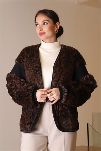 CEPLİ DERİ DETAYLI KAHVE LEOPAR KADIN CEKET 10382-2K5