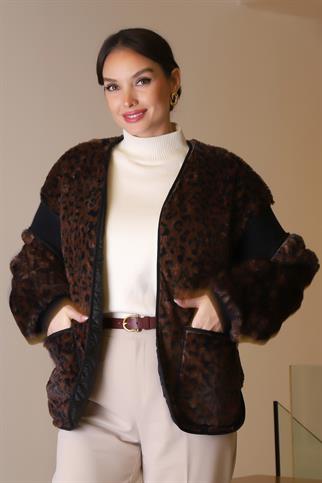 CEPLİ DERİ DETAYLI KAHVE LEOPAR KADIN CEKET 10382-2K5
