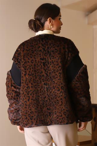 CEPLİ DERİ DETAYLI KAHVE LEOPAR KADIN CEKET 10382-2K5