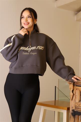 DİK YAKA ANTRASİT UZUN KOLLU KADIN SWEATSHİRT  1710299-2K5