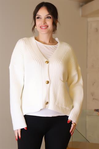 GOLD DÜĞMELİ UZUN KOLLU EKRU KADIN CEKET 94162-2K4
