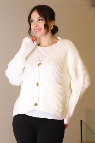 GOLD DÜĞMELİ UZUN KOLLU EKRU KADIN CEKET 94162-2K4