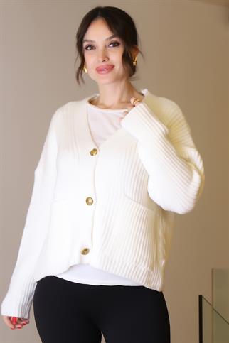 GOLD DÜĞMELİ UZUN KOLLU EKRU KADIN CEKET 94162-2K4