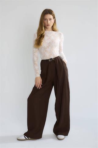 KEMERLİ GENİŞ PAÇA KAHVE KADIN PANTOLON  D83910-2Y5