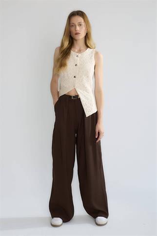 KEMERLİ GENİŞ PAÇA KAHVE KADIN PANTOLON  D83910-2Y5