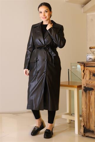 TORBA CEPLİ DÜĞMELİ SİYAH KADIN TRENÇKOT  D87055-2K5