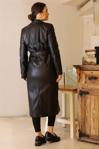 TORBA CEPLİ DÜĞMELİ SİYAH KADIN TRENÇKOT  D87055-2K5