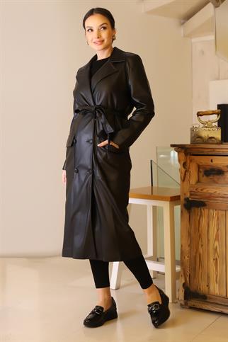 TORBA CEPLİ DÜĞMELİ SİYAH KADIN TRENÇKOT  D87055-2K5