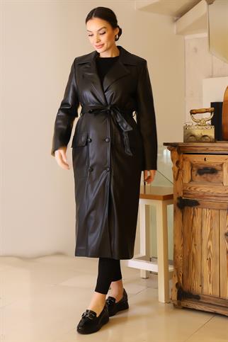 TORBA CEPLİ DÜĞMELİ SİYAH KADIN TRENÇKOT  D87055-2K5