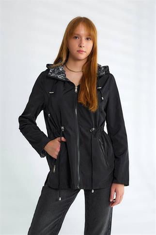 KAPÜŞONLU UZUN KOLLU SİYAH KADIN TRENÇKOT D87117-2Y5