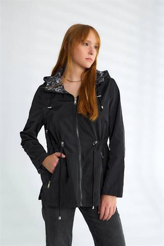 KAPÜŞONLU UZUN KOLLU SİYAH KADIN TRENÇKOT D87117-2Y5