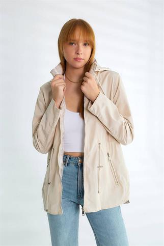 KAPÜŞONLU UZUN KOLLU TAŞ KADIN TRENÇKOT D87117-2Y5