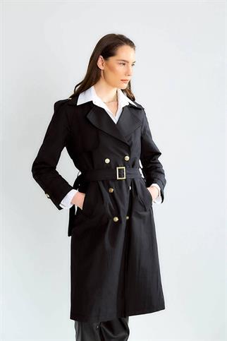 GENİŞ YAKA UZUN KOLLU SİYAH KADIN TRENÇKOT D87120-2Y5