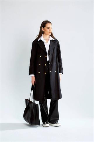GENİŞ YAKA UZUN KOLLU SİYAH KADIN TRENÇKOT D87120-2Y5