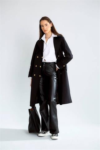 GENİŞ YAKA UZUN KOLLU SİYAH KADIN TRENÇKOT D87120-2Y5