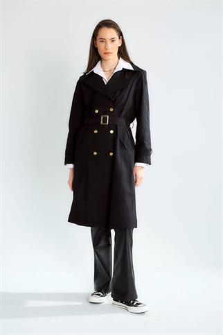 GENİŞ YAKA UZUN KOLLU SİYAH KADIN TRENÇKOT D87120-2Y5