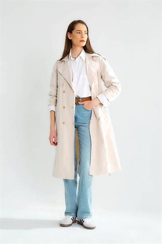GENİŞ YAKA UZUN KOLLU TAŞ KADIN TRENÇKOT  D87120-2Y5