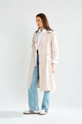 GENİŞ YAKA UZUN KOLLU TAŞ KADIN TRENÇKOT  D87120-2Y5