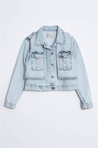 İNCİ İŞLEMELİ MAVİ KADIN KOT MONT  D99291-2Y5