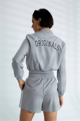 SIRTI BASKILI UZUN KOLLU GRİ KADIN MONT  D99385-2Y5