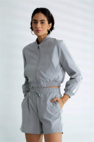 SIRTI BASKILI UZUN KOLLU GRİ KADIN MONT  D99385-2Y5